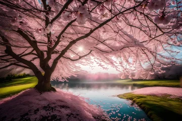Fotobehang A cherry blossom tree in full bloom with delicate pink petals falling. © M. Ateeq