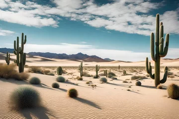 Fotobehang A blank canvas into a scene of a peaceful desert landscape with cacti and sand dunes. © Muhammad