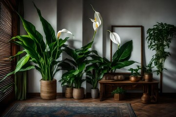 A blank canvas into an image of a cozy corner with a peace lily in a decorative . - obrazy, fototapety, plakaty