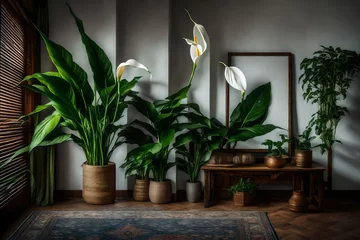 Deurstickers A blank canvas into an image of a cozy corner with a peace lily in a decorative . © Muhammad