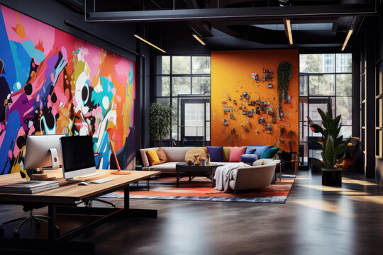 A dynamic creative room with a vibrant portfolio of works and a workspace for collaboration