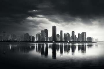 Fototapeta premium Landscape of a modern city with high-rise buildings along the coast, black and white photo