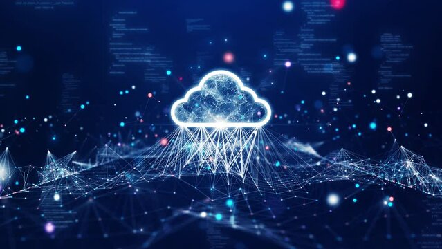 Cloud and edge computing technology data transfer concept. A large cloud icon is in the center. abstract code Interconnected polygons and multicolored dots on a dark blue background.