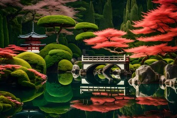 A artistic representation of a serene Japanese garden with carefully manicured bonsai trees.