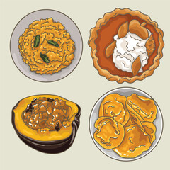 Popular autumn pumpkin dishes set.