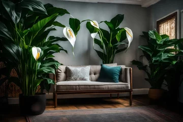 Türaufkleber A blank canvas into an image of a cozy corner with a peace lily in a decorative . © Muhammad