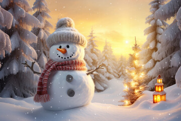 Obraz premium A happy snowman standing on the background of a Christmas landscape with lanterns in the snow