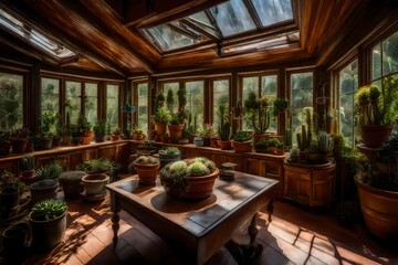 A sunroom filled with potted succulents of various shapes and sizes. - obrazy, fototapety, plakaty