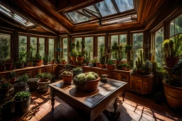 Gordijnen A sunroom filled with potted succulents of various shapes and sizes. © Muhammad