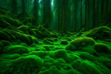 Fototapeten A dense, emerald-green moss-covered forest floor. © Muhammad