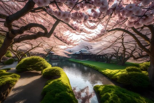 A rendered picture of a serene Japanese cherry blossom garden in full bloom.