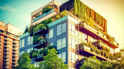 low-energy efficient house using green energy, trees and plants as part of the building
