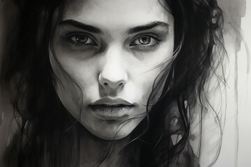Black and White portrait painting of a beautiful woman