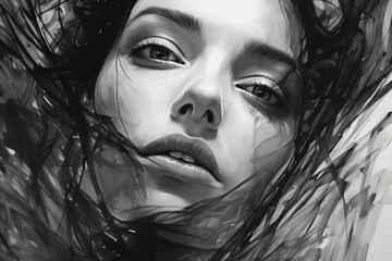 Black and White portrait painting of a beautiful woman