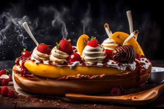 An image of a banana split with three scoops of ice cream and all the toppings.