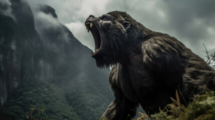 A gorilla is shouting on a high cliff. Generative Ai