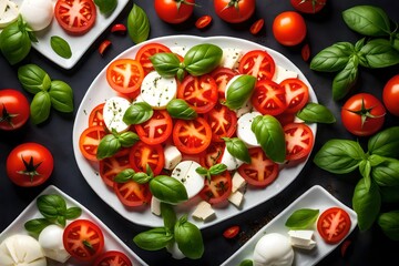 A rendered picture of a vibrant caprese salad with ripe tomatoes, mozzarella, and basil.