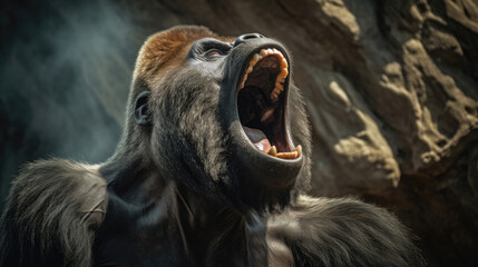 A gorilla is shouting on a high cliff. Generative Ai