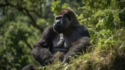Naklejka premium A strong bodied gorilla on the mountain. Generative Ai
