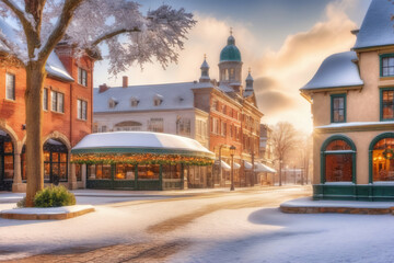 Fototapeta na wymiar Freshly fallen first snow blanketing a quaint town square