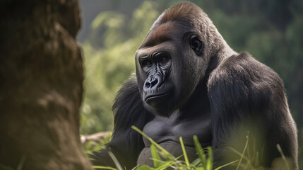 Obraz premium A strong bodied gorilla on the mountain. Generative Ai