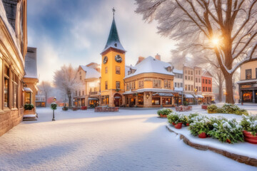 Freshly fallen first snow blanketing a quaint town square