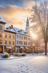 Obraz premium Freshly fallen first snow blanketing a quaint town square