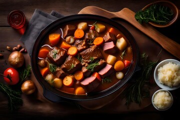 An image of a hearty beef stew with tender chunks of meat and root vegetables.