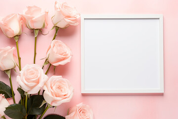 mockup empty blank frame with roses around with rose background