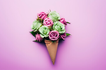 purple and green ice cream with flowers on purple background