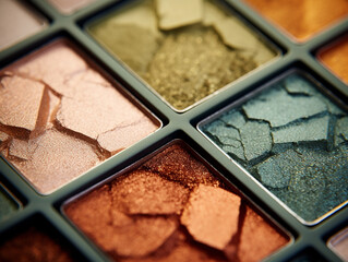 Beige and green eyeshadow pigments palette, macro.	