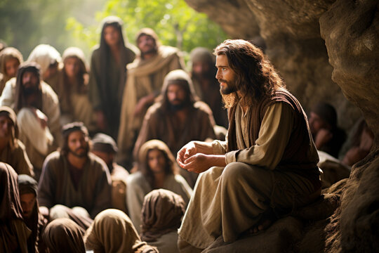 Jesus speaking to the people by parables on the mountain in the midst of nature Generative AI Illustration