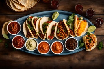 An image of a Mexican taco platter with an assortment of fillings and salsas.