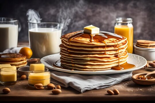 A rendered picture of a stack of fluffy pancakes with maple syrup and butter.