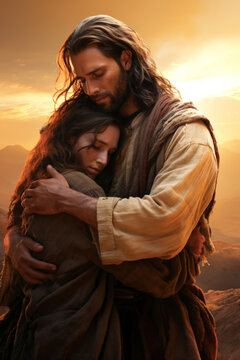 Jesus Christ giving a fraternal hug to a young woman giving the hope for the eternal life Generative AI Illustration