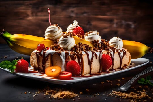 An image of a banana split with three scoops of ice cream and all the toppings.