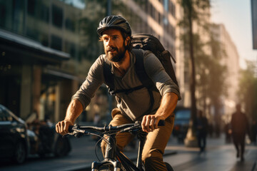 Fototapeta na wymiar A cyclist navigates through a city street, showcasing an eco-friendly and active lifestyle choice for urban transportation. Generative Ai.
