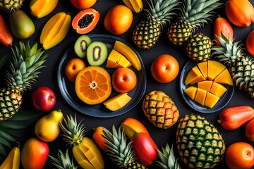 A rendered picture of a tropical fruit platter with pineapple, mango, and papaya.