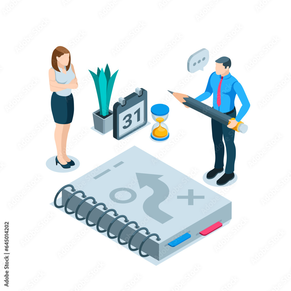 Poster isometric man with a pencil near a notebook with a strategy diagram and a woman discussing it in col
