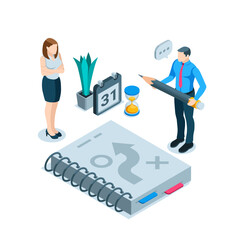 isometric man with a pencil near a notebook with a strategy diagram and a woman discussing it in color on a white background, office business people work in a team