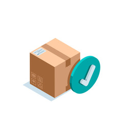 isometric box with check mark in color on white background, successful parcel delivery