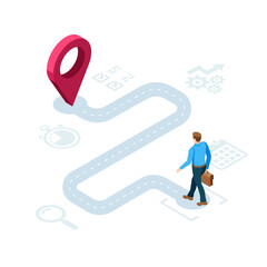 isometric business man with briefcase walking along the road to location icon in color on white background, path to goal or success