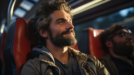 Obraz premium Happy man traveling by bus.