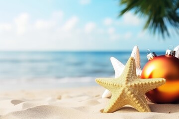 Fototapeta na wymiar Starfish and Christmas balls on beach