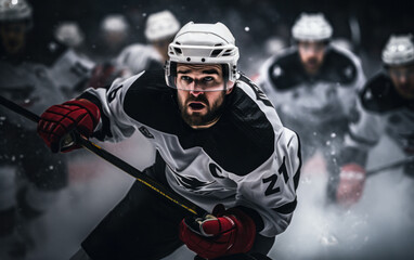 A dynamic ice hockey player, clad in full gear and holding his stick with a determined expression, charges into action on the rink, exhibiting incredible athleticism and skill.