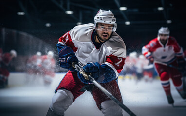In the thrilling world of ice hockey, a player, dressed in gear and wielding a stick, bursts into action with determination.