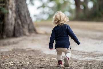 Fototapeta premium blonde todder walking in a forest on a hike in spring