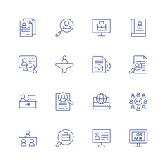 Recruitment line icon set on transparent background with editable stroke. Containing applicant, book, computer, cv, filter, hiring, hr, human resources, international recruitment, interview, job fair.