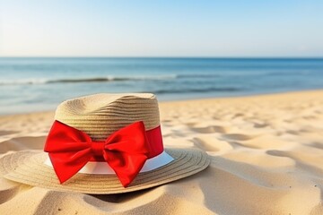 Hat with red bow on sandy beach