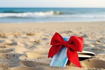 Ticket with red bow on sandy beach